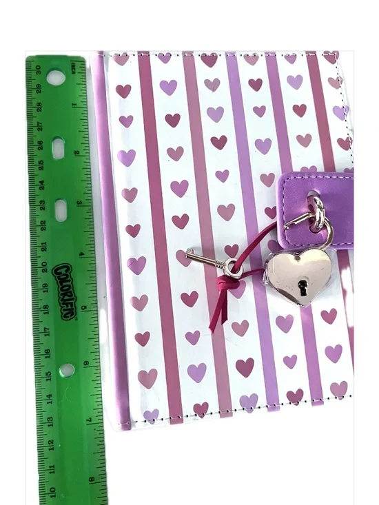Notebook Journal Diary with Heart Lock & Key Pink Hearts & Stripes on White. - Picture 15 of 15